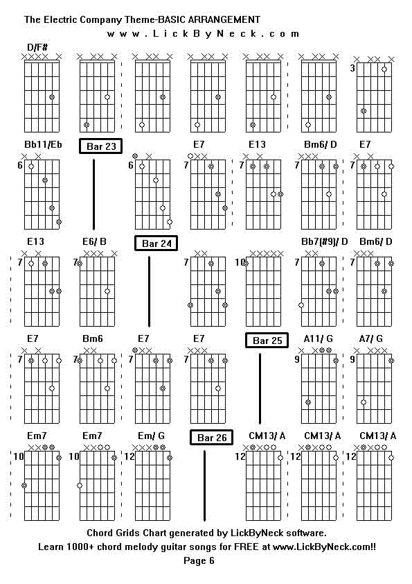 Chord Grids Chart of chord melody fingerstyle guitar song-The Electric Company Theme-BASIC ARRANGEMENT,generated by LickByNeck software.